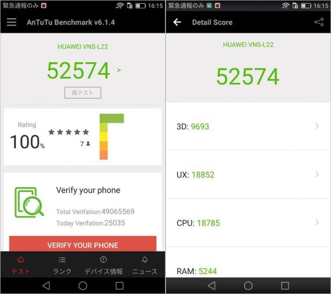 ファーウェイP9liteのベンチマーク結果