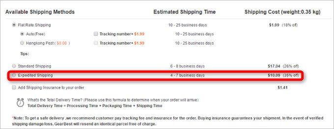 配送の種類を選べます。Expended Shippingがおすすめ