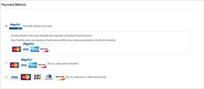 支払い方法は3種類から選択可能。クレジットカード払いが基本です