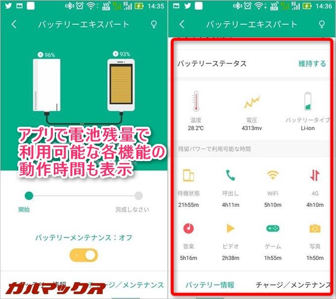 専用アプリでは残量から各種機能の動作時間まで表示します