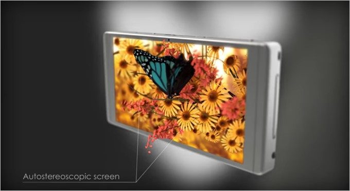 スマホのカメラと本体のカメラを連動することによりデュアルカメラ仕様となり3D撮影が可能。液晶も3DSのような裸眼3Dディスプレイを搭載しているので撮影して直ぐに3D写真が楽しめる。