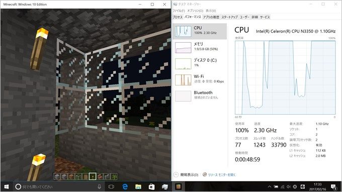 Jumper Ezbook 3に備わっているIntel N3350は不可に応じてクロックが跳ね上がる