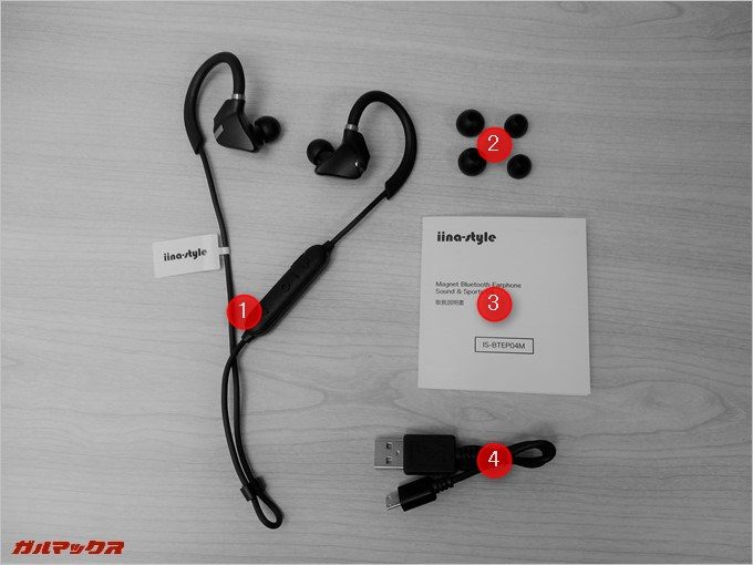 Sound&Sports04(IS-BTEP04M)の同梱物をすべて出しました。