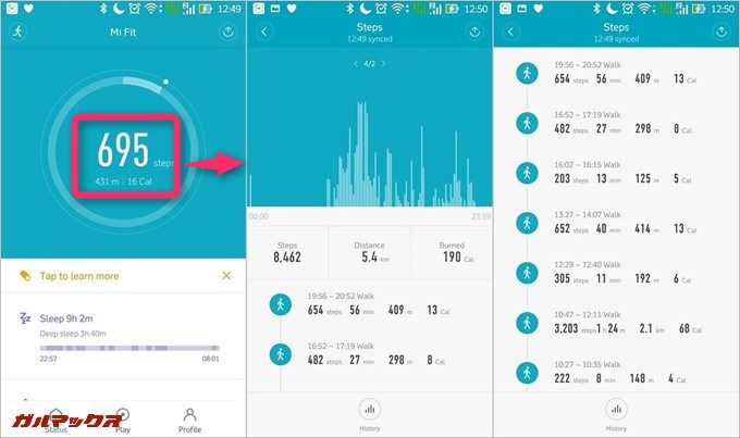 アプリの初期画面の歩数をタップすると詳細データを確認可能です。