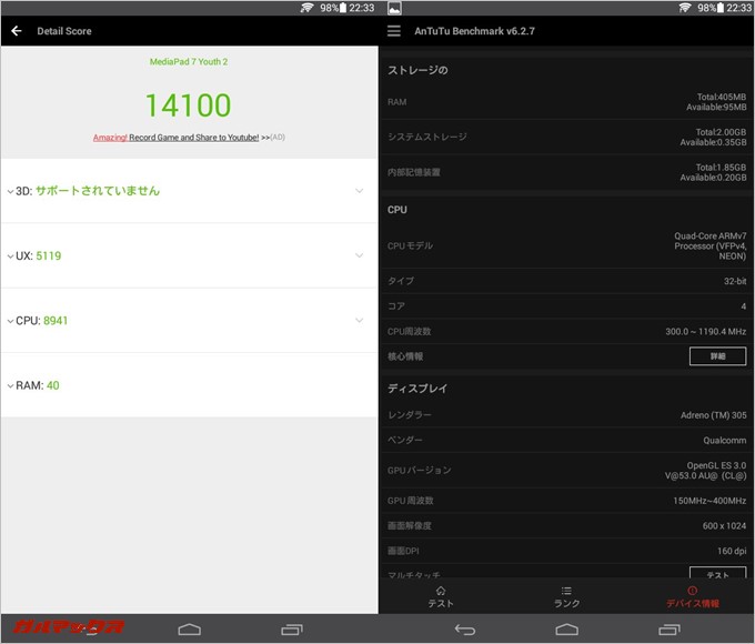 MediaPad 7 Youth2 S7実機AnTuTuベンチマークスコアは総合が14100点、3D性能は測定不能