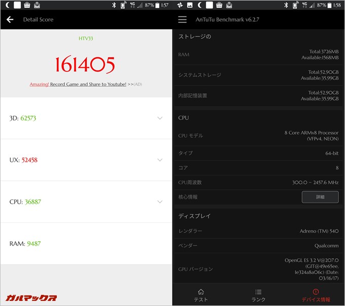 HTC U11-HTV33の2台目実機AnTuTuベンチマークスコアは総合が161405点、3D性能が62573点。