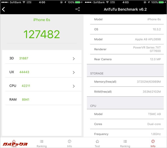 iPhone 6s（iOS 10.3.2）の2台目実機AnTuTuベンチマークスコアは総合が127482点、3D性能が31887点。