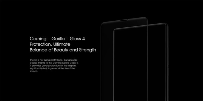 3辺ベゼルレスでの衝撃から画面割れを守る為に非常に硬いgorilla Glass 4を採用しているBluboo S1