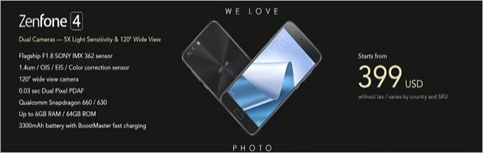 Zenfone 4は399ドル