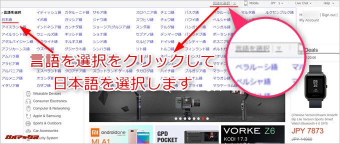 Geekbuyingのトップページ上部の言語を設定をクリックして日本語に変更します。