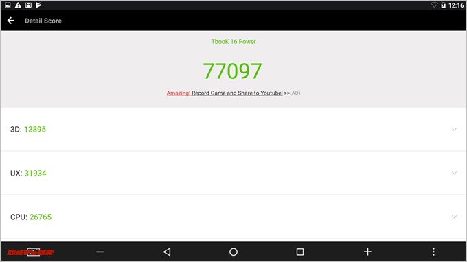 Teclast Tbook 16 Power（Atom Z8750）の実機AnTuTuベンチマークスコアは77097、13895