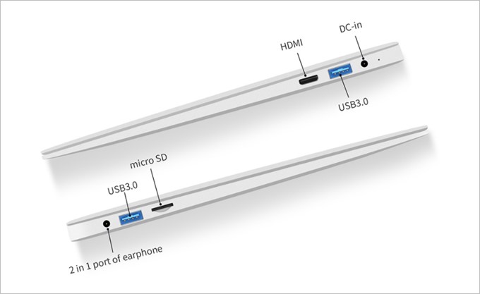Jumper EZbook 3SEはUSBが2つ、MicroSDスロットが1つ、MiniHDIも備わっています