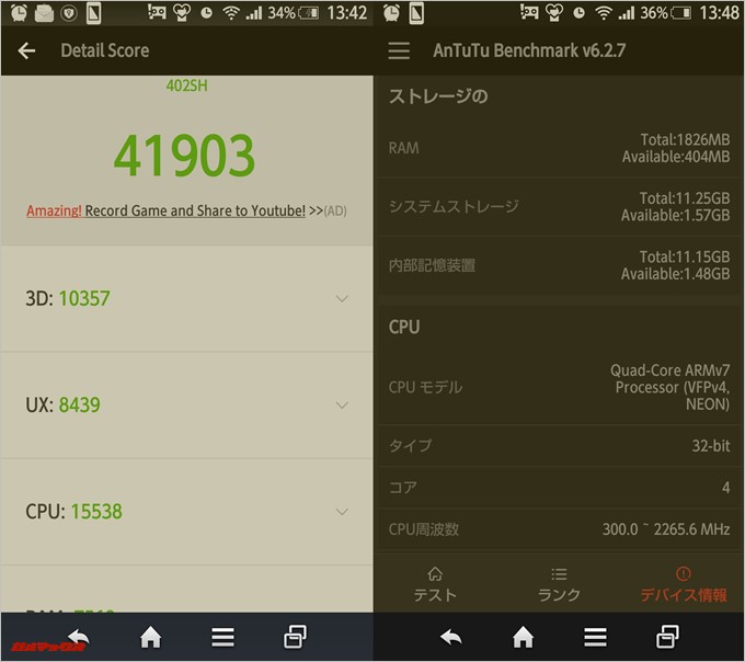 AQUOS CRYSTAL Y (Android 4.4.4)実機AnTuTuベンチマークスコアは総合が41903点、3D性能が10357点。