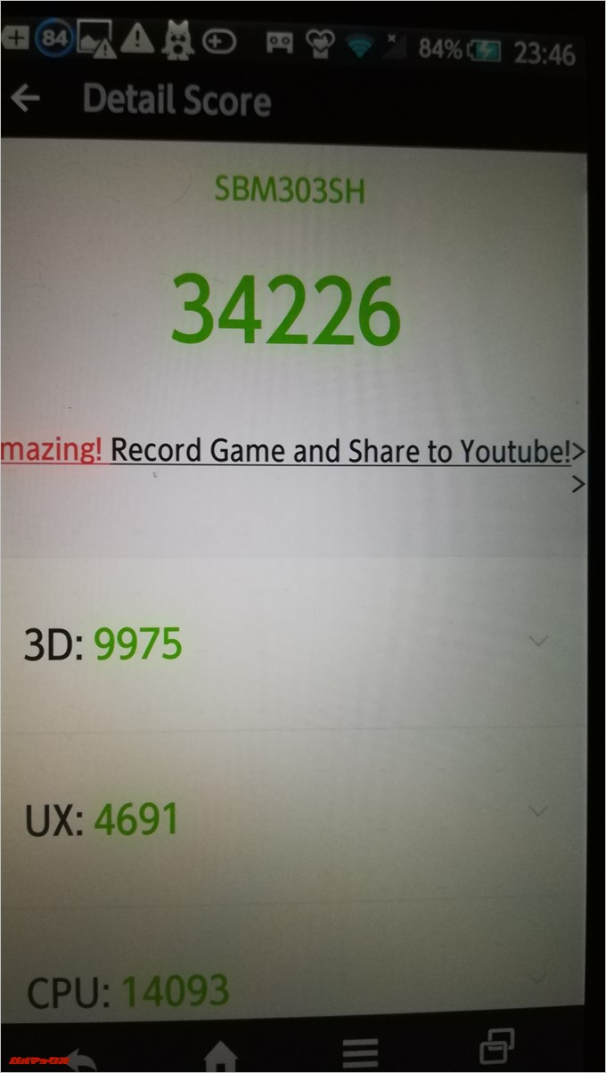 AQUOS Xx 303SH(Android 4.2.2)実機AnTuTuベンチマークスコアは総合が34226点、3D性能が9975点。
