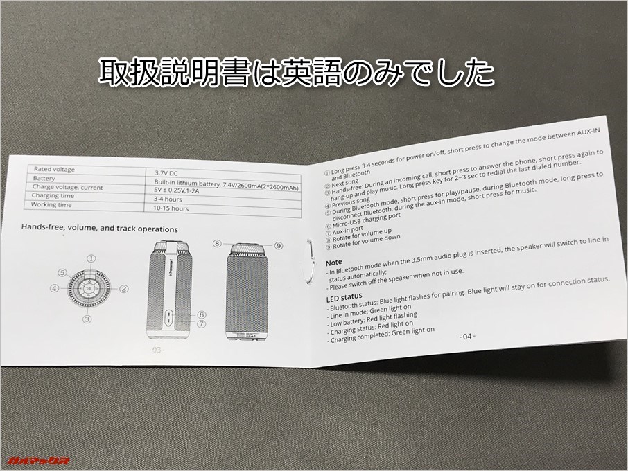 Tronsmart T6に付属する取扱説明書は日本語表示はありませんでした。