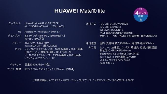 HUAWEI Mate 10 liteの仕様表