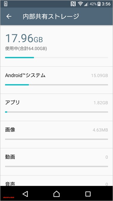 Xperia X Dual（F5122）は初回起動時で約42GB利用可能です