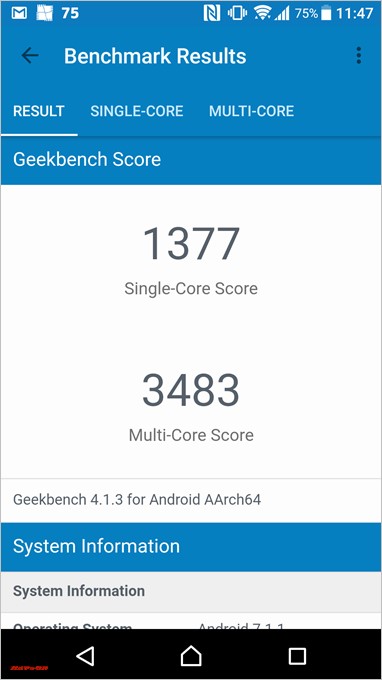 Xperia X Dual（F5122）のGeekbench4スコアはシングルが1377、マルチコアが3483でした