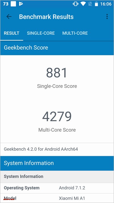 Xiaomi Mi A1のGeekbench4はシングルが881点、マルチが4279点でした