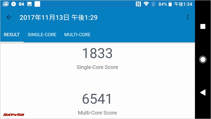 Geekbench4のスコアはシングルコアが1833、マルチコアが6541でした