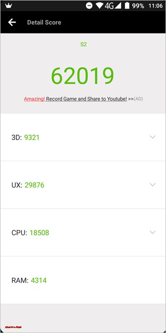 UMIDIGI S2のAnTuTuスコアは総合が62019点、3D性能が9321点
