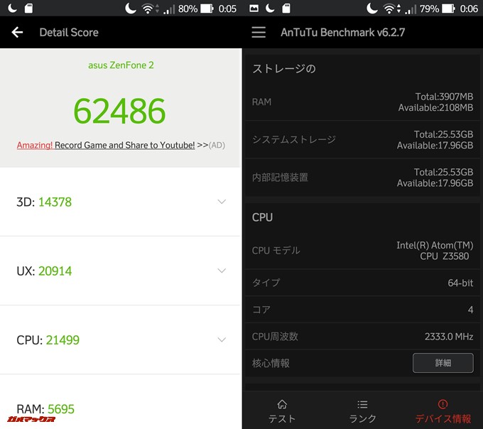 Zenfone 2/4GB版（Android 6.0.1）実機AnTuTuベンチマークスコアは総合が62486点、3D性能が14378点。