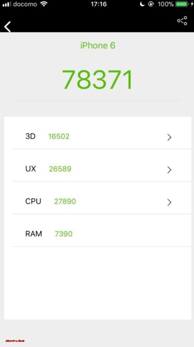 iPhone 6（iOS 11.0.3）二台目の実機AnTuTuベンチマークスコアは総合が78371点、3D性能が16502点。