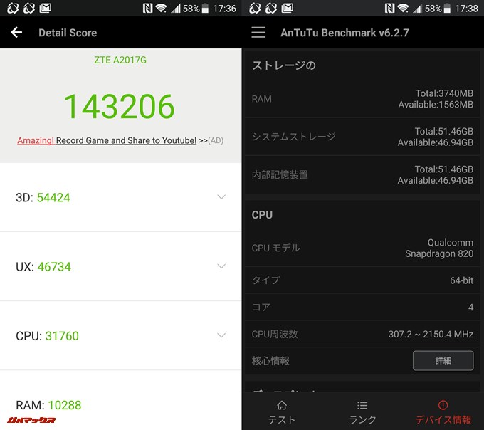 AXON 7（Android 6.0.1）3台目の実機AnTuTuベンチマークスコアは総合が143206点、3D性能が54424点。