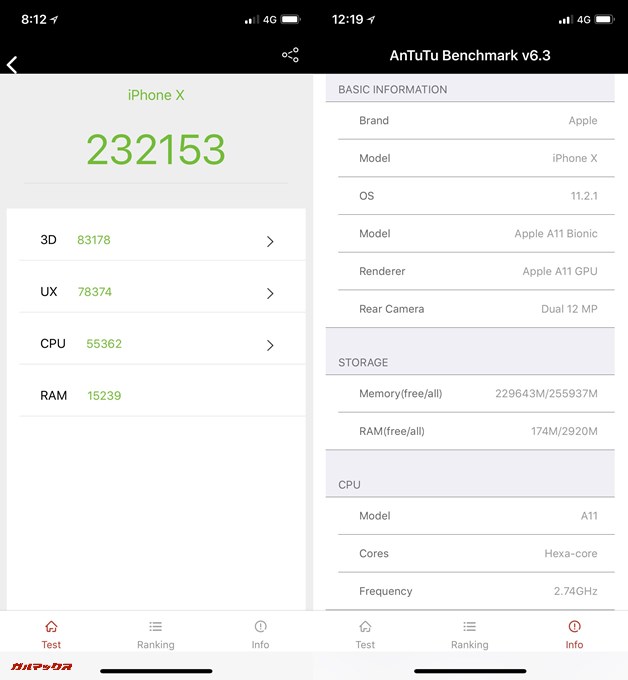 iPhone X（iOS 11.2.1）実機AnTuTuベンチマークスコアは総合が232153点、3D性能が83178点。