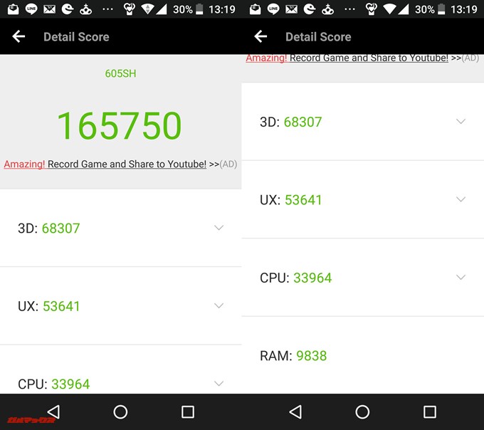 AQUOS R（Android 8.0）実機AnTuTuベンチマークスコアは総合が165750点、3D性能が68307点。