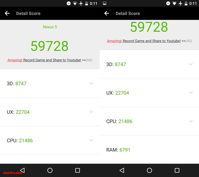 Nexus 5（Android 6.0.1）実機AnTuTuベンチマークスコアは総合が59728点、3D性能が8747点。