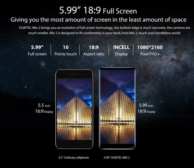 OUKITEL MIX 2は18:9ディスプレイを採用しているので16:9の製品よりも横幅が狭く大画面でも持ちやすくなってます