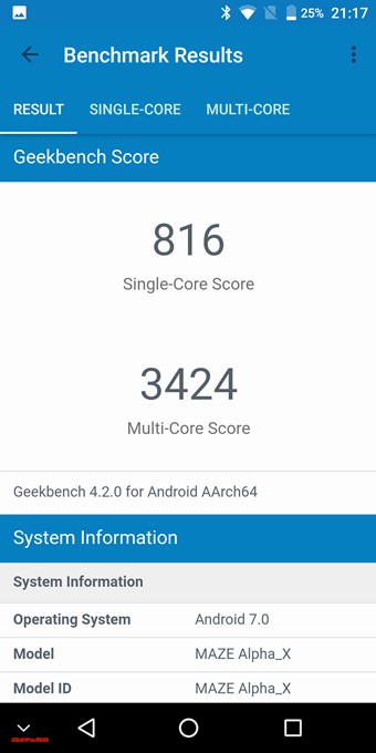 MAZE Alpha XのGeekbench4スコアはシングルコアが816でマルチコアは3424でした。