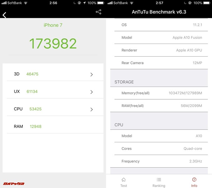 iPhone 7（iOS 11.2.1）の2018年1月19日掲載端末の実機AnTuTuベンチマークスコアは総合が173982点、3D性能が46475点。