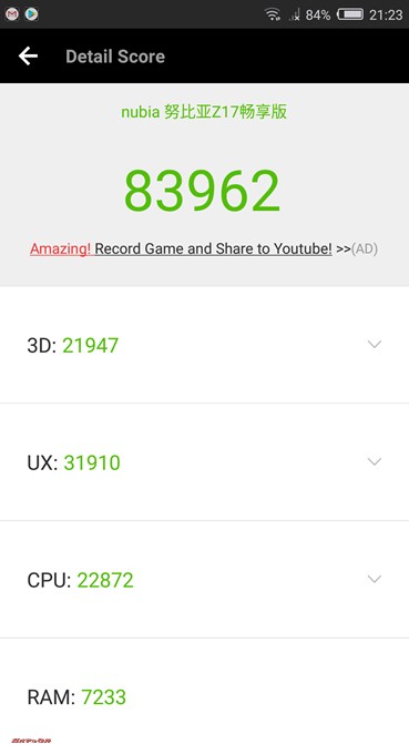 nubia Z17 lite実機AnTuTuベンチマークスコアは総合が83962点、3D性能が21947点。