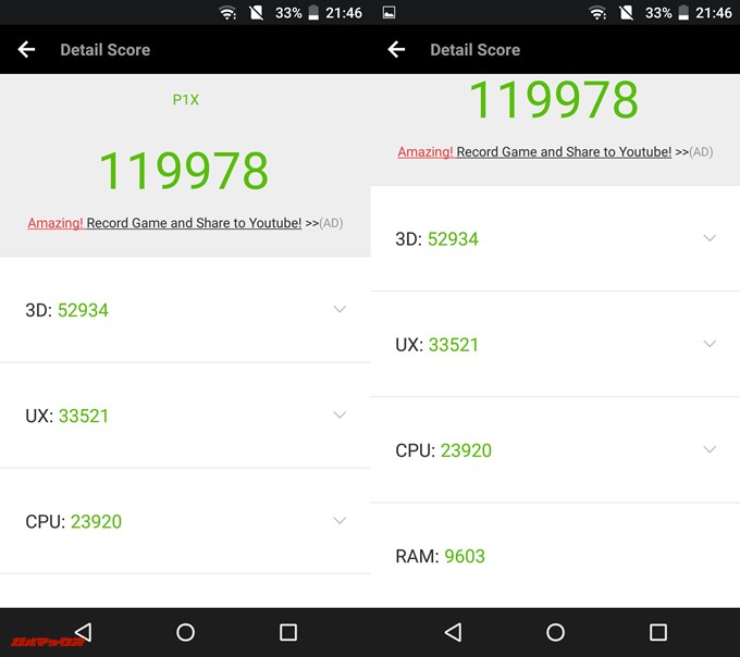 AQUOS P1（Android 6.0.1）実機AnTuTuベンチマークスコアは総合が119978点、3D性能が52934点。