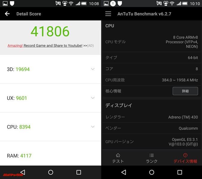 AQUOS Xx-Y 404SH(Android 5.0.2)実機AnTuTuベンチマークスコアは総合が41806点、3D性能が19694点。