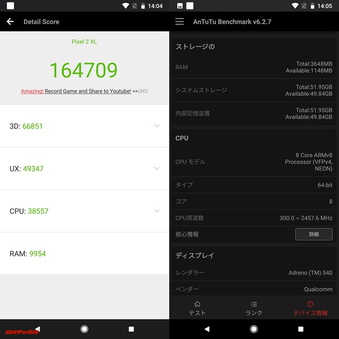 Pixel 2 XL（Android 8.0.0）実機AnTuTuベンチマークスコアは総合が164709点、3D性能が66851点。