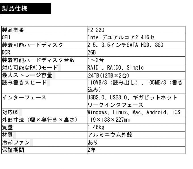 TerraMaster F2-220のスペック