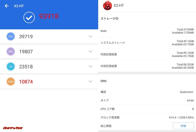 Android One X2（Android 8.0）実機AnTuTuベンチマークスコアは総合が93918点、3D性能が19807点。
