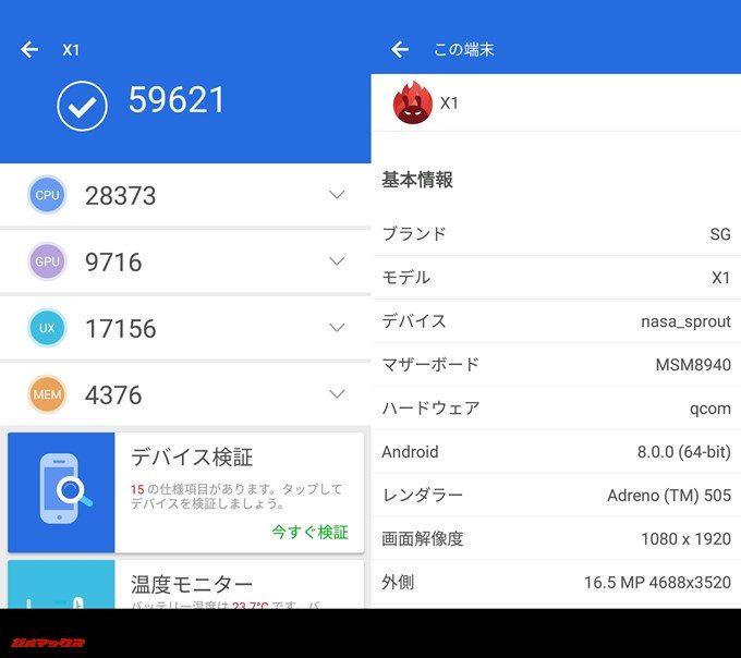 Android one X1（Android 8.0.0）実機AnTuTuベンチマークスコアは総合が59621点、3D性能が9716点。