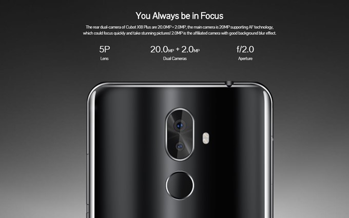CUBOT X18 Plusは2000万画素の2つのカメラを搭載した流行りのダブルレンズカメラを搭載しています。