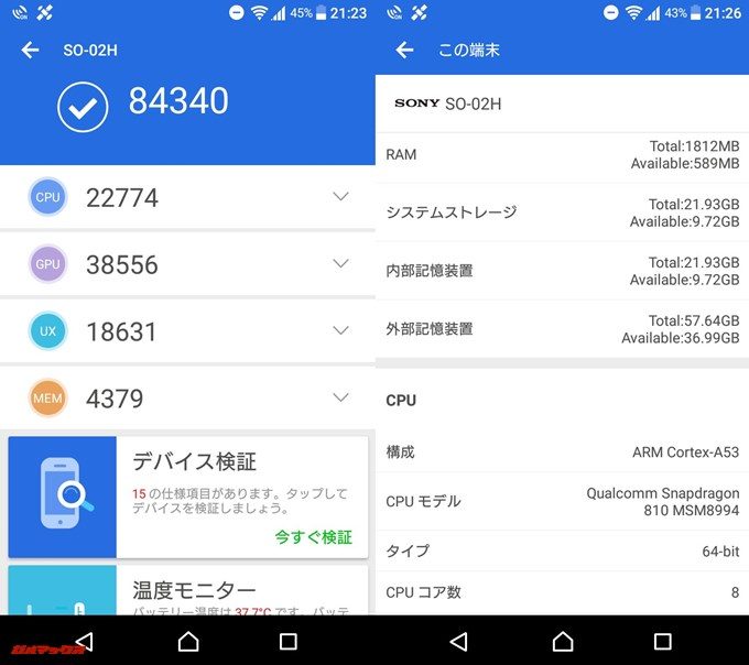 SONY Xperia Z5 Compact（Android 7.0）実機AnTuTuベンチマークスコアは総合が84340点、3D性能が38554点。