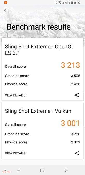 Galaxy S9の3DMarkのスコアはSling Shot Extreme - OpenGL ES3.1が3213点、Sling Shot Extreme - Vulkenが3000点。