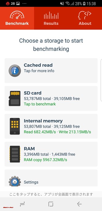 Galaxy S9ではストレージの読込速度が682.42MB/s、書込速度が213.15MB/s。5967.32MB/s。