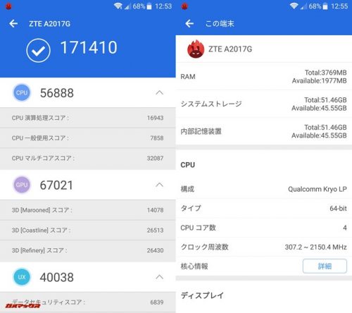 AXON 7（Android 7.1.1）実機AnTuTuベンチマークスコアは総合が171410点、3D性能が67021点。