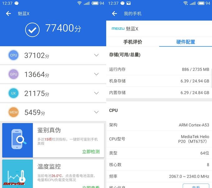 meizu m3x（Android 6.0）実機AnTuTuベンチマークスコアは総合が77400点、3D性能が13664点。