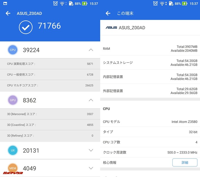 Zenfone 2/4GB版（Android 5.0.1）実機AnTuTuベンチマークスコアは総合が71766点、3D性能が8362点。