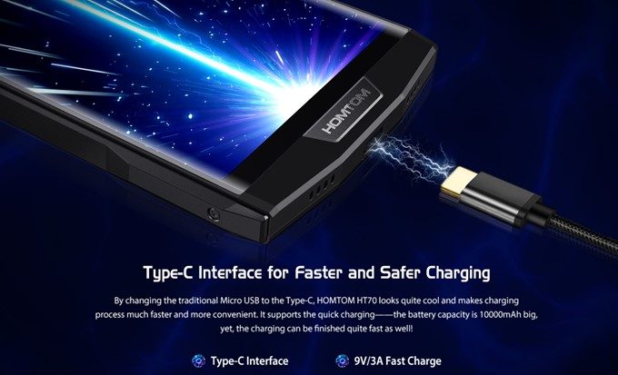 HOMTOM HT70は10000mAhの大容量なバッテリーを充電するために9V3Aの超急速充電に対応しています。