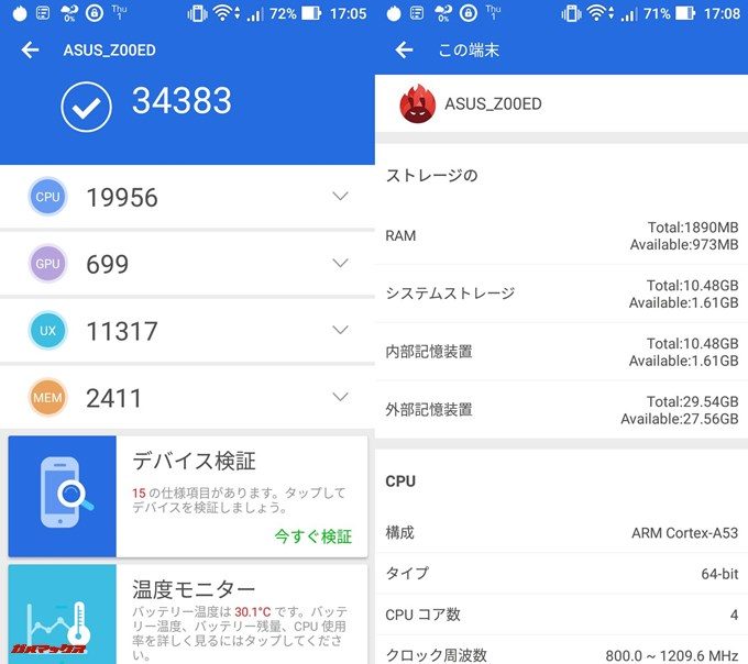 ASUS ZenFone 2 Laser ZE500KL(Android 6.0.1)実機AnTuTuベンチマークスコアは総合が34383点、3D性能が699点。